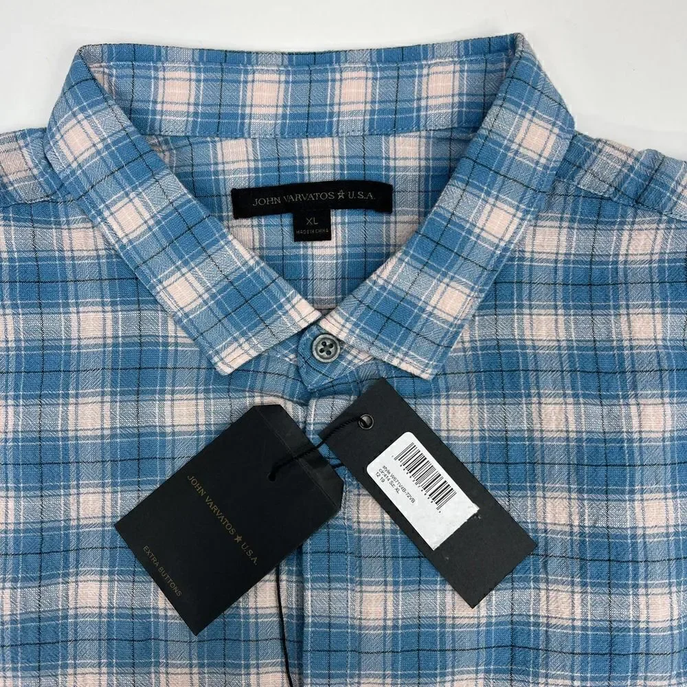 New John Varvatos Men US XL Blue White Plaid Shirt Long Sleeve Button Down - Picture 6 of 13